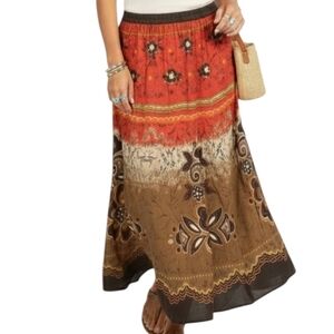 Chadwicks Boho Hippie Gypsy Floral Sequin Flowy Midi Skirt Orange Brown